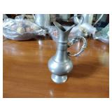 Pewter Items: Wick Trimmer, covered bowl, gravy boat, 2 Etain pitchers, Etain pitcher, candlestick holders