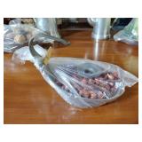 Pewter Items: Wick Trimmer, covered bowl, gravy boat, 2 Etain pitchers, Etain pitcher, candlestick holders