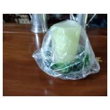 Pewter Items: Wick Trimmer, covered bowl, gravy boat, 2 Etain pitchers, Etain pitcher, candlestick holders