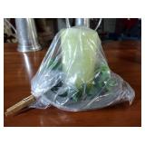 Pewter Items: Wick Trimmer, covered bowl, gravy boat, 2 Etain pitchers, Etain pitcher, candlestick holders