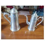 Pewter Items: Wick Trimmer, covered bowl, gravy boat, 2 Etain pitchers, Etain pitcher, candlestick holders