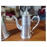 Pewter Items: Wick Trimmer, covered bowl, gravy boat, 2 Etain pitchers, Etain pitcher, candlestick holders