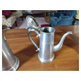 Pewter Items: Wick Trimmer, covered bowl, gravy boat, 2 Etain pitchers, Etain pitcher, candlestick holders