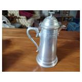 Pewter Items: Wick Trimmer, covered bowl, gravy boat, 2 Etain pitchers, Etain pitcher, candlestick holders