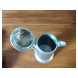 Pewter Items: Wick Trimmer, covered bowl, gravy boat, 2 Etain pitchers, Etain pitcher, candlestick holders