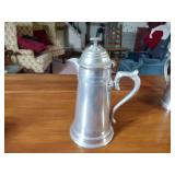 Pewter Items: Wick Trimmer, covered bowl, gravy boat, 2 Etain pitchers, Etain pitcher, candlestick holders