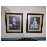 Vintage Arlene Strader Folk Art Lithographs of a boy Billy, and a girl Betsy with Red Shoe, framed