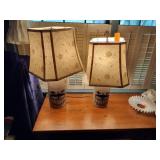 (2) 2002 Salmon Falls Stoneware Lamps with shades, blueberry basket design