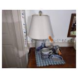 7 pcs pottery: 1989 Rowe Salt Glazed lamp; Williamsburg creamer & 1992 vase;  2-2002 oval baking dishes