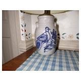 7 pcs pottery: 1989 Rowe Salt Glazed lamp; Williamsburg creamer & 1992 vase;  2-2002 oval baking dishes