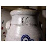 7 pcs pottery: 1989 Rowe Salt Glazed lamp; Williamsburg creamer & 1992 vase;  2-2002 oval baking dishes