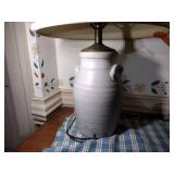 7 pcs pottery: 1989 Rowe Salt Glazed lamp; Williamsburg creamer & 1992 vase;  2-2002 oval baking dishes