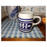 7 pcs pottery: 1989 Rowe Salt Glazed lamp; Williamsburg creamer & 1992 vase;  2-2002 oval baking dishes