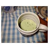 7 pcs pottery: 1989 Rowe Salt Glazed lamp; Williamsburg creamer & 1992 vase;  2-2002 oval baking dishes