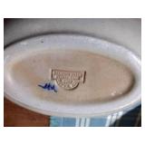 7 pcs pottery: 1989 Rowe Salt Glazed lamp; Williamsburg creamer & 1992 vase;  2-2002 oval baking dishes