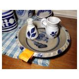 7 pcs pottery: 1989 Rowe Salt Glazed lamp; Williamsburg creamer & 1992 vase;  2-2002 oval baking dishes