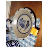 7 pcs pottery: 1989 Rowe Salt Glazed lamp; Williamsburg creamer & 1992 vase;  2-2002 oval baking dishes