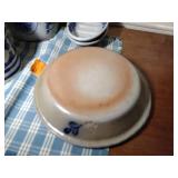 7 pcs pottery: 1989 Rowe Salt Glazed lamp; Williamsburg creamer & 1992 vase;  2-2002 oval baking dishes