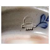 7 pcs pottery: 1989 Rowe Salt Glazed lamp; Williamsburg creamer & 1992 vase;  2-2002 oval baking dishes