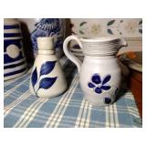 7 pcs pottery: 1989 Rowe Salt Glazed lamp; Williamsburg creamer & 1992 vase;  2-2002 oval baking dishes