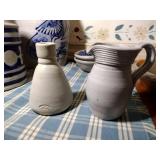 7 pcs pottery: 1989 Rowe Salt Glazed lamp; Williamsburg creamer & 1992 vase;  2-2002 oval baking dishes