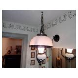 Vintage Hanging Swag  Electric Hurricane oil light replica with soft pink shade.