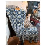 Blue country print wingback settee (loveseat) with ruffled skirt.  L 57” x H 40” x W 29” Bring help to move.