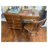 Early American Wood desk and fiddleback armchair.  L 46” x H 30” x W 21”