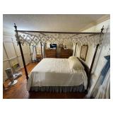 Queen size 4-poster canopy wood bed. Custom made skirt included.