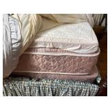 Queen size 4-poster canopy wood bed. Custom made skirt included.