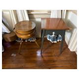 3-leg round sewing box storage with flip-up lid. Green colonial table with maple top