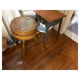 3-leg round sewing box storage with flip-up lid. Green colonial table with maple top