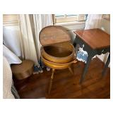 3-leg round sewing box storage with flip-up lid. Green colonial table with maple top