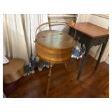 3-leg round sewing box storage with flip-up lid. Green colonial table with maple top
