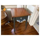 3-leg round sewing box storage with flip-up lid. Green colonial table with maple top