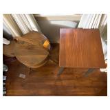 3-leg round sewing box storage with flip-up lid. Green colonial table with maple top