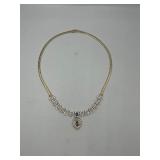 .925 silver / gold necklace with blue stone pendant and rhinestones, 17 ¼” long marked LR