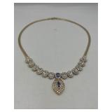 .925 silver / gold necklace with blue stone pendant and rhinestones, 17 ¼” long marked LR