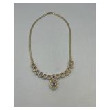 .925 silver / gold necklace with blue stone pendant and rhinestones, 17 ¼” long marked LR