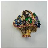 Brooches: flower basket; .925 Jackie Orr fish-gold plate swavorski crystal & lilac stones;  jeweled brooch