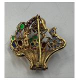 Brooches: flower basket; .925 Jackie Orr fish-gold plate swavorski crystal & lilac stones;  jeweled brooch