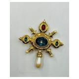 Brooches: flower basket; .925 Jackie Orr fish-gold plate swavorski crystal & lilac stones;  jeweled brooch