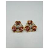 2 Heart flower brooches 1 ¼” x 1 ¼” & matching clip on earrings; Panther door knocker clip-on earrings.