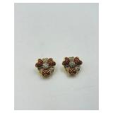 2 Heart flower brooches 1 ¼” x 1 ¼” & matching clip on earrings; Panther door knocker clip-on earrings.