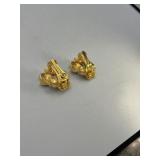 2 Heart flower brooches 1 ¼” x 1 ¼” & matching clip on earrings; Panther door knocker clip-on earrings.