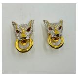 2 Heart flower brooches 1 ¼” x 1 ¼” & matching clip on earrings; Panther door knocker clip-on earrings.