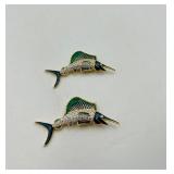 4 BOLD Elegance brooches: 2 Swordfish 2 ¾” l x 1 ¼”t; 2 pave’ rhinestone umbrella brooches 2 ¾” t