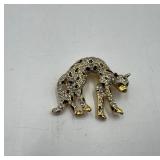Vintage brooches: 2 Leopard gold-tone black enamel/pave rhinestones w/ green eyes, 1 dragon fly or butterfly