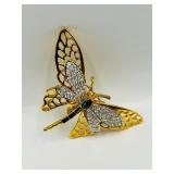 Vintage brooches: 2 Leopard gold-tone black enamel/pave rhinestones w/ green eyes, 1 dragon fly or butterfly