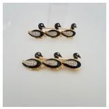 3 Vintage Brooches: (2) Waddle of 3 blue enamel ducks with rhinestones on bar pin & one peacock